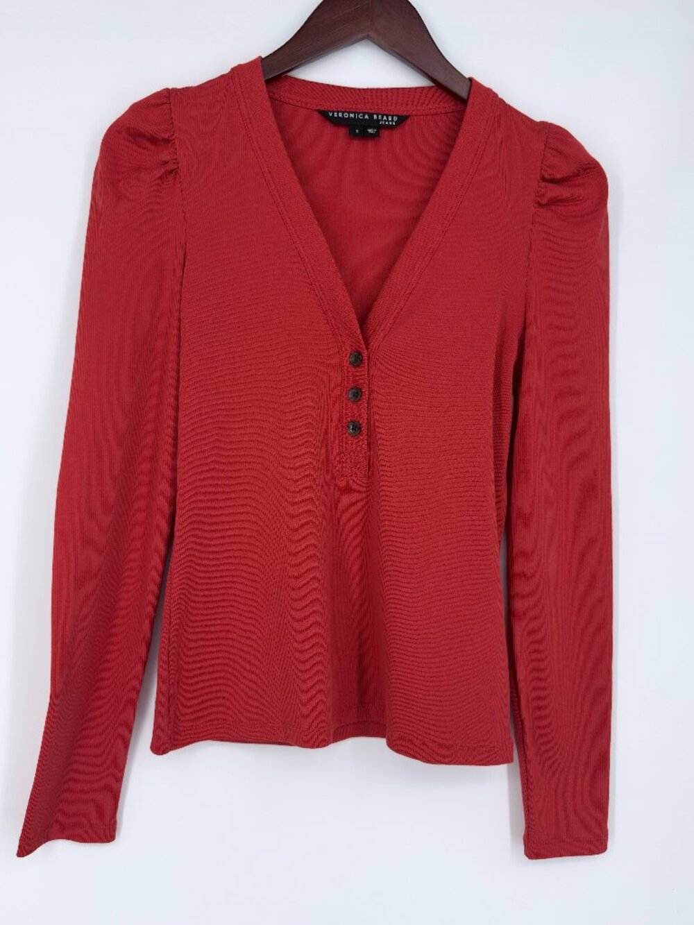 Veronica Beard Dekalb Puff Sleeve Henley Top Red Pima Cotton Rib Knit Small